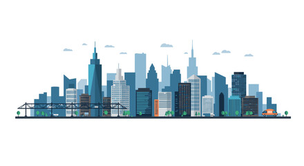 Fototapeta premium Modern urban cityscape with skyscrapers and vehicles on a clear day