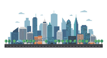 Fototapeta premium Modern city skyline with skyscrapers and trees in flat design