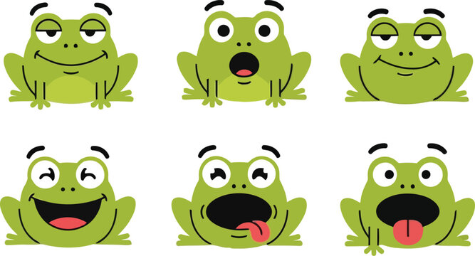 Cute cartoon frog expressions happy sad surprised excited angry confused curious vector