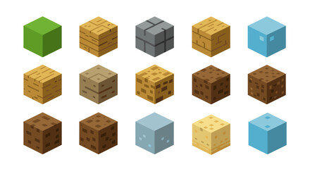 Fototapeta premium Isometric game blocks set with textures for crafting and building games