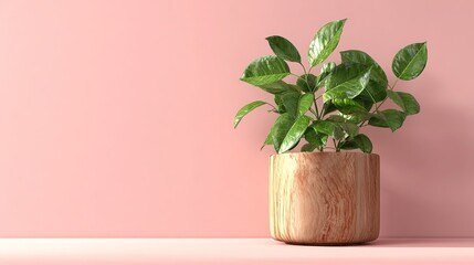 Fototapeta premium 3D render of green plant in wooden pot on pink background, minimal concept for design presentation mockup; full shot with low-angle view, isolated on clean pastel background, daylight & bright room li