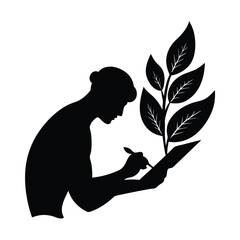 Silhouette vector silhouette of a person writing with a pen and a plant