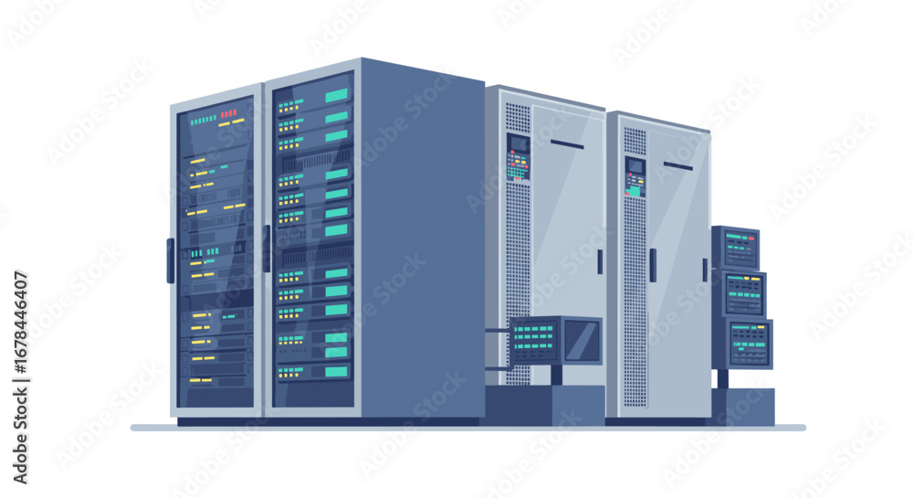 Aufkleber modern data center racks with advanced networking equipment in a minimalist style