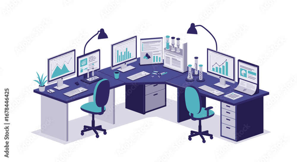 Poster isometric office workspace with computers and lab equipment