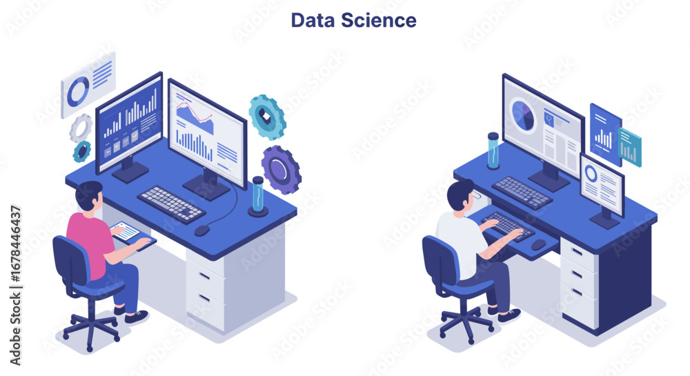 Aufkleber isometric office workspace with data analysis on computer screens