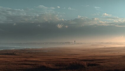 Coastal landscape at sunrise/sunset. Lighthouse in the distance. Misty, golden hues