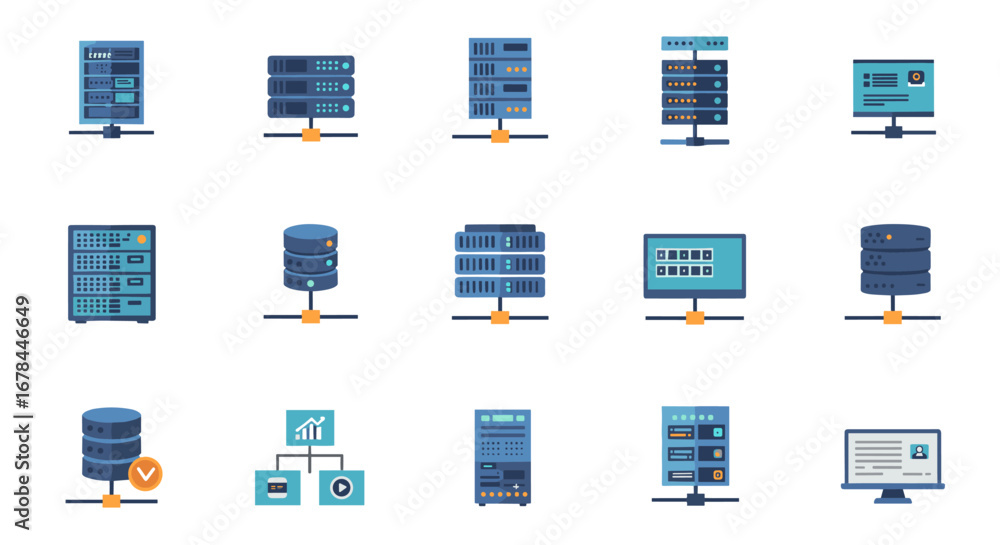 Poster server and network equipment set: flat icons for technology and data management