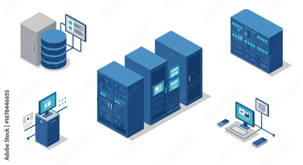 Aufkleber isometric server room elements with data center technology and network equipment