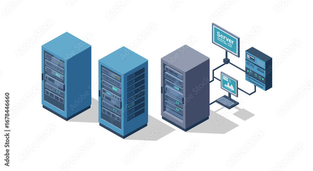 Aufkleber isometric data center servers with network connections and computers
