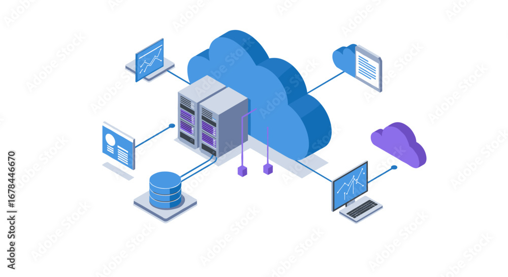 Aufkleber cloud computing network diagram with isometric design featuring data servers and connections