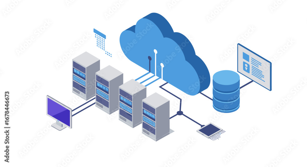 Aufkleber isometric cloud computing network with data servers and connections