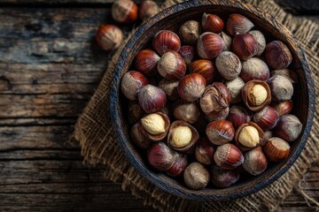 Obraz premium Hazelnuts in rustic wooden bowl