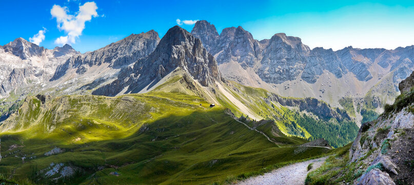WONDERFUL VIEW OF THE DOLOMITES ON VAL DI FASSA - On background the San Nicol&ograve; refuge in Contrin valley (Trentino Alto Adige - Italy)