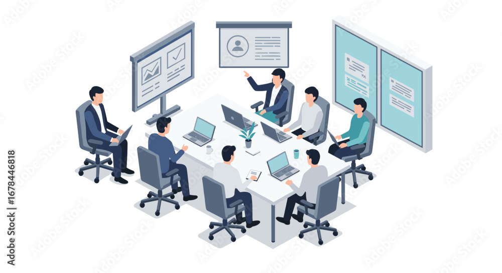 Poster team meeting in modern office setting with colleagues analyzing data and presentations
