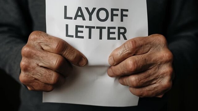 Efficiency Recession concept. A person holds a crumpled layoff letter in their hands.