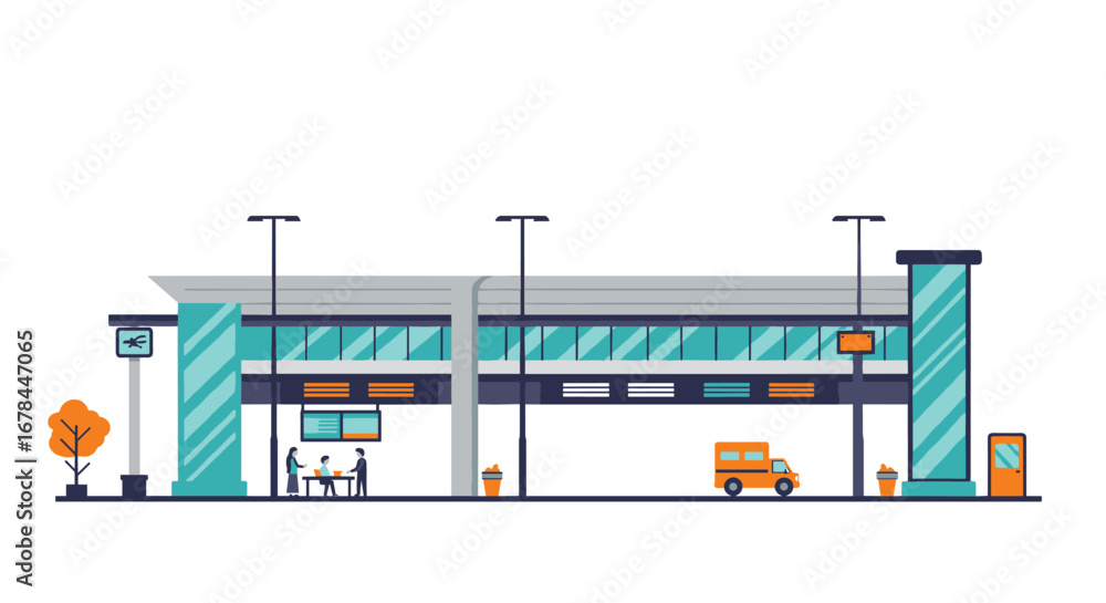 Poster modern flat design of a small airport terminal with passengers and shuttle bus