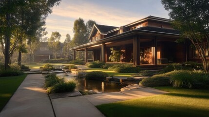 Obraz premium Luxurious modern house with a large porch surrounded by lush greenery, manicured lawns,