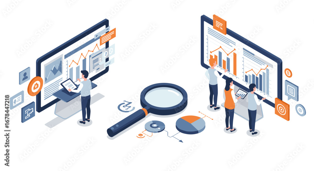 Poster isometric digital data analysis with people and charts on screens