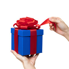 Png 3d illustration of hand unwrapping a blue gift box with red ribbon isolated on transparent background transparent background
