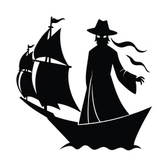 Silhouette vector silhouette of a mysterious figure in a hat on a sailing ship