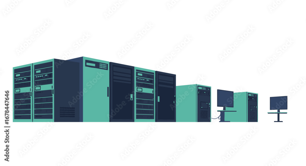 Aufkleber evolution of computer technology from mainframe to desktop in flat design