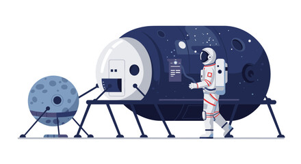 Naklejka premium Astronaut approaching space station on lunar surface in flat design