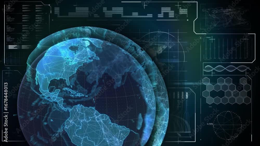 Poster digital animation of globe of digital interface over globe of blue background