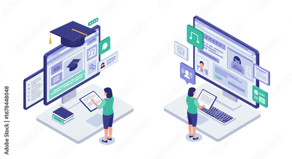 Poster online learning and remote communication in isometric style