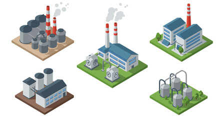 Obraz premium Isometric industrial plant set with factories and chimneys