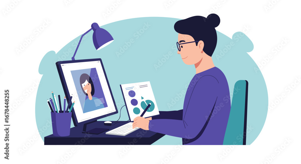 Poster graphic designer working on desktop with digital art and creative projects in modern workspace