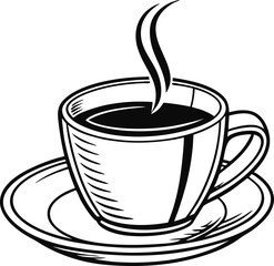 A simple line art vector illustration of a hot coffee mug on a saucer with steam rising, perfect for a cafe or beverage logo design