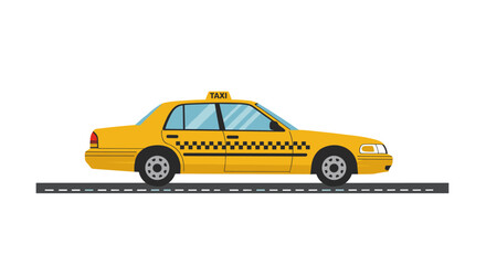 Yellow taxi cab on roadside with checkered pattern and taxi sign