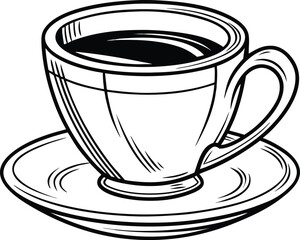 A white porcelain mug with a black cup of coffee on a matching saucer, isolated on a white background