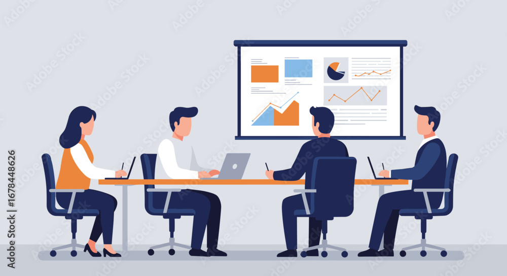 Poster team meeting presentation with business analytics and graph visuals in flat style office setting