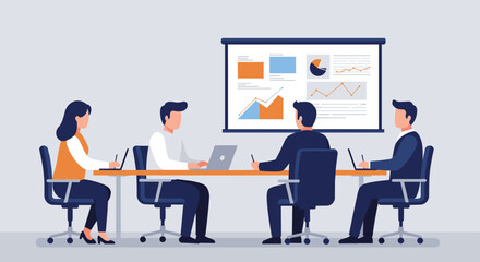 Team meeting presentation with business analytics and graph visuals in flat style office setting