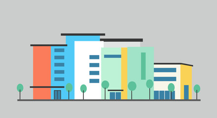 Vibrant cityscape with modern geometric buildings and trees on a minimalist background