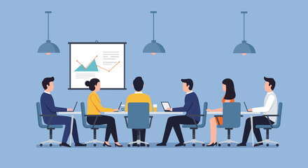 Modern office team meeting with presentation and technology in flat design