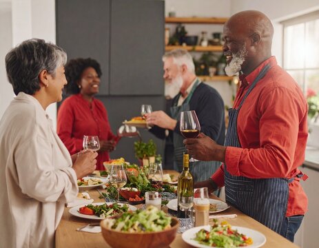 Diverse Senior Citizens Enjoying a Home-cooked Meal Together.