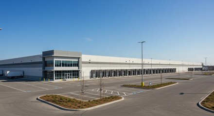 Obraz premium Exterior perspective of a modern distribution warehouse under a clear sky