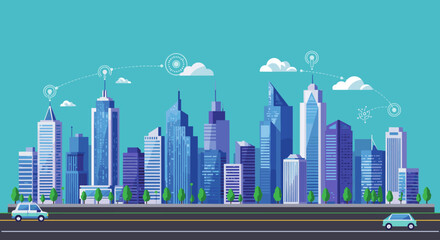 Modern urban cityscape with skyscrapers and connected technology elements