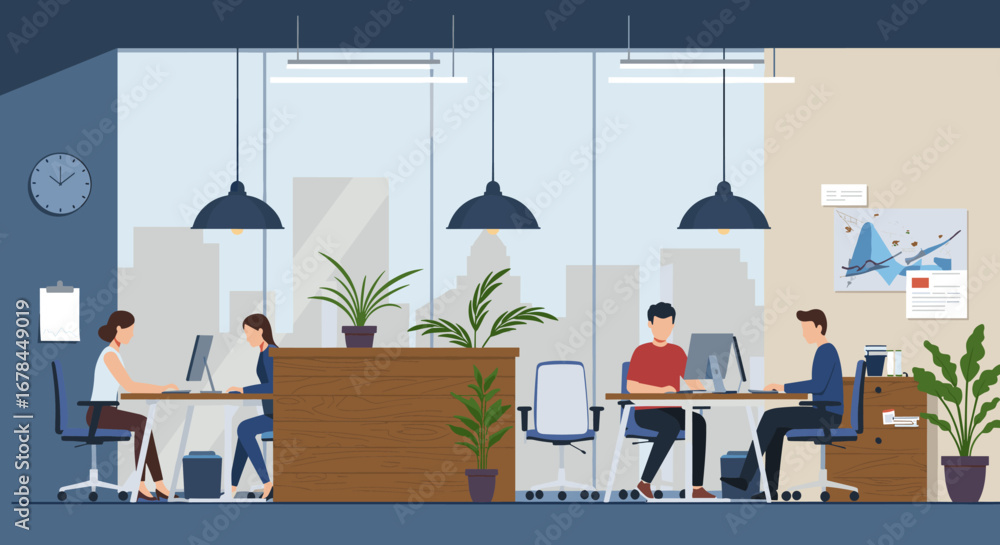 Poster modern office workspace with colleagues collaborating in open plan design
