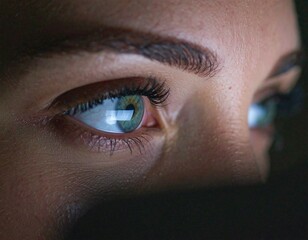 Close-up of womans blue eyes reflecting a digital screen in a dark environment showing focus and technology use.