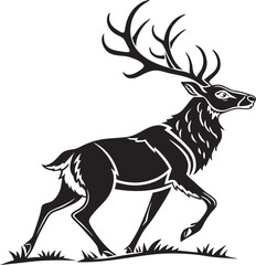 A cartoon vector illustration of a wild stag with antlers stands silhouetted against a forest background, showcasing the beautiful art of nature's majestic mammal