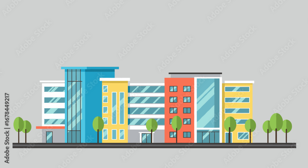 Poster flat urban skyline with colorful buildings and trees on gray background