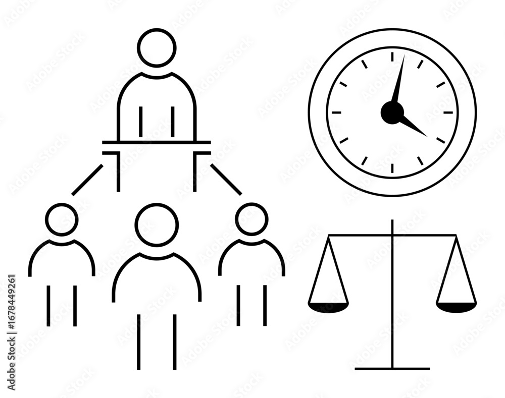 Aufkleber hierarchical relationship with leader and team, clock representing time, balance scale symbolizing j