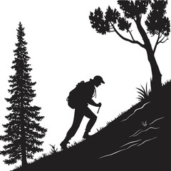 Silhouette of a person with a backpack in the forest landscape
