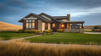 Obraz premium A modern house with large windows and natural stone walls stands amidst lush landscaped grounds at dusk or dawn,