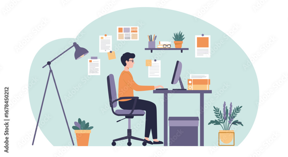 Poster modern home office workspace with person working at computer in minimalist style