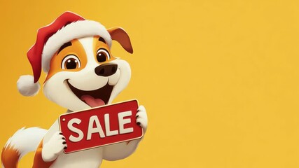 Cute cartoon dog wearing a santa hat holding a sale sign, perfect for christmas and holiday promotions