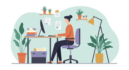 Fototapeta premium Modern home office workspace with plants and desk lamp illustration